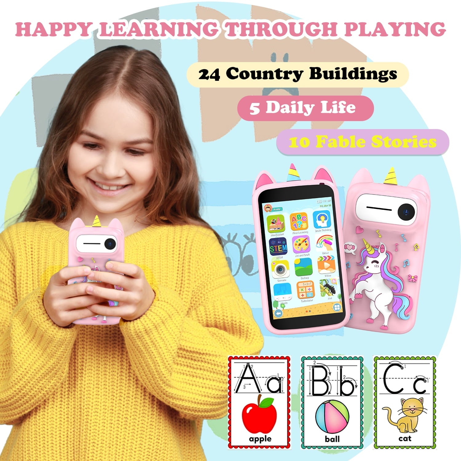 Kids Smart Phone for Girls, Birthday Holiday Gifts for Girls Age 3-12, Kids Toy Phone, 3.97" Touch Screen Kids Toy Phone, With More Than 210 Learning Games and More Than 190 Drawing
