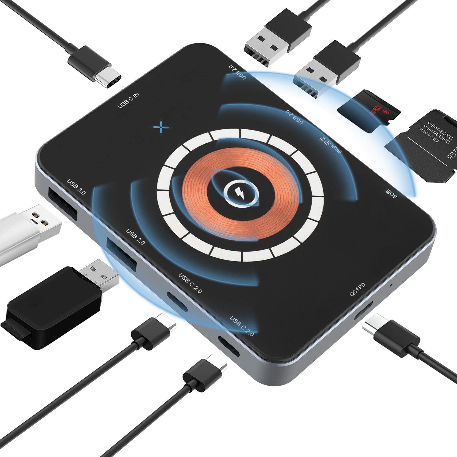 Laptop USB C Docking Station, Magnetic Wirless Charger with USB C to HDMI Adapter USB C Hub 10 in 1 Laptop Docking Station with microSD Card Reader for Cellphone, Tablet, Laptop