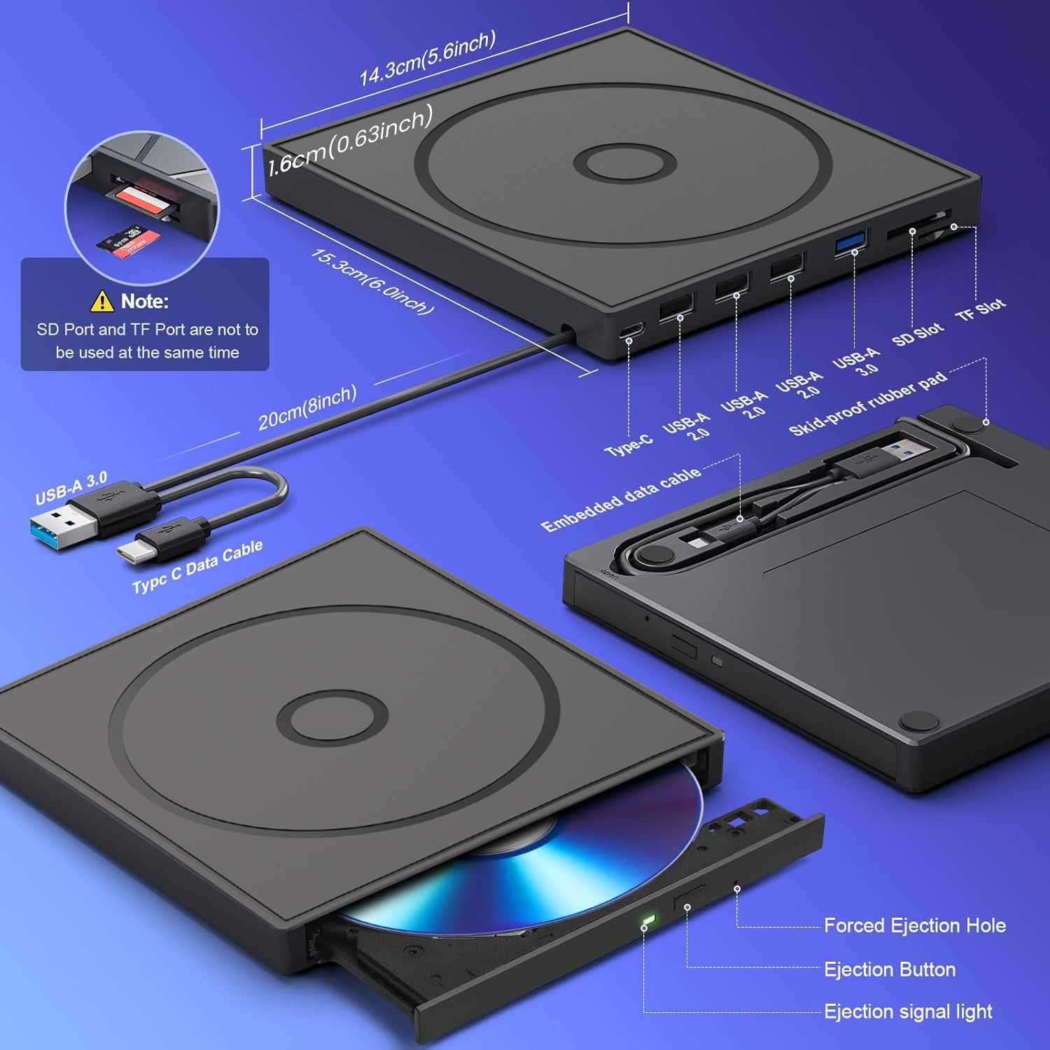 HEPLUBAN External CD/DVD Drive for Laptop, DVD Player for Laptop, 8 in 1 USB 3.0 Ultra-Slim Portable, CD Burner External Disk Drive Optical Compatible with Laptop Desktop Mac,Windows 11/10/8/7 Linux