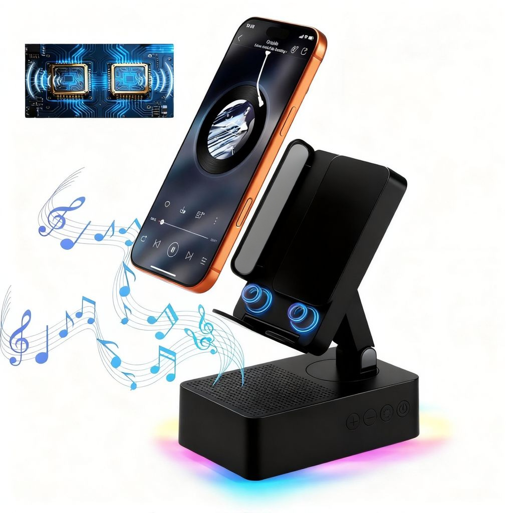Wireless Induction Audio Bluetooth Speaker, Cell Phone Stand with Wireless Bluetooth Speaker, Unique Gifts for Men/Women, Adjustable Phone Holder with Colorful Ambient Light for iPhone/iPad
