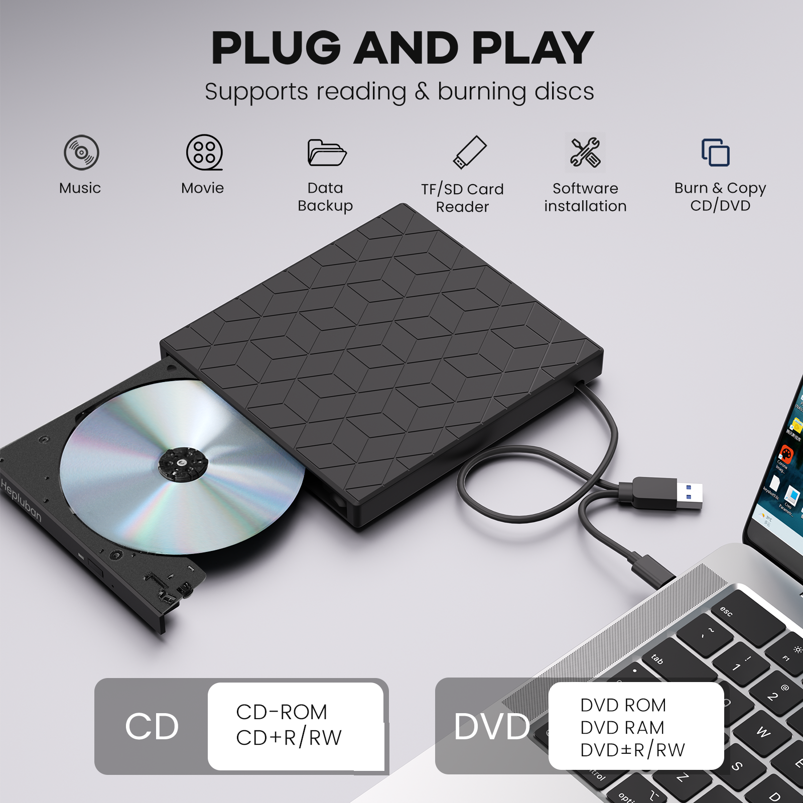 External CD/DVD Drive for Laptop, DVD Player for Laptop, 7 in 1 USB 3.0 Ultra-Slim Portable, CD Burner External Disk Drive Optical Compatible with Desktop Mac,Windows 11/10/8/7 Linux