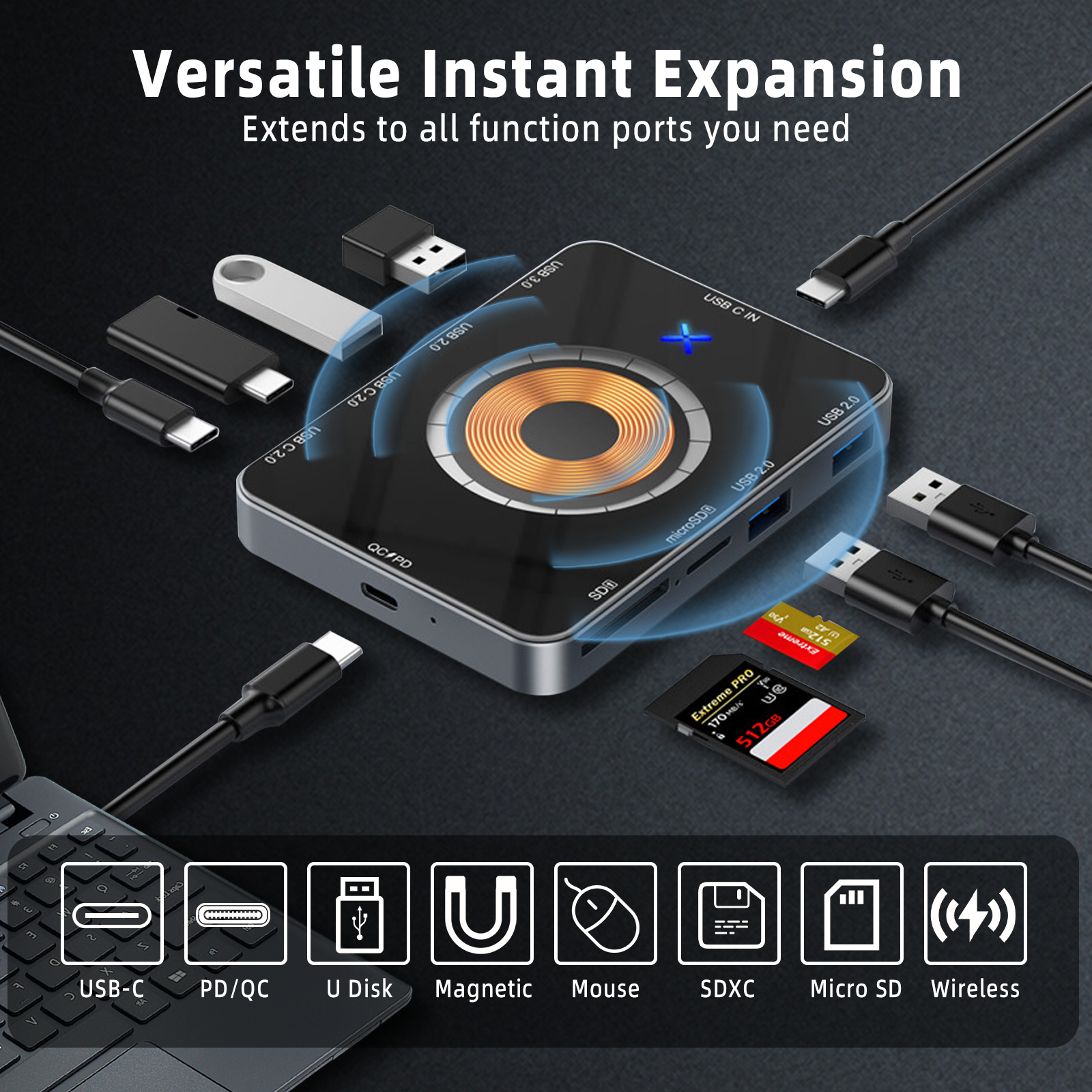 Laptop USB C Docking Station, Magnetic Wirless Charger with USB C to HDMI Adapter USB C Hub 10 in 1 Laptop Docking Station with microSD Card Reader for Cellphone, Tablet, Laptop