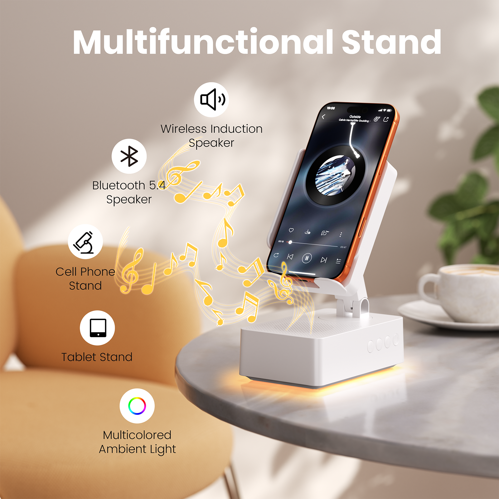 Wireless Induction Audio Bluetooth Speaker, Cell Phone Stand with Wireless Bluetooth Speaker, Unique Gifts for Men/Women, Adjustable Phone Holder with Colorful Ambient Light for iPhone/iPad