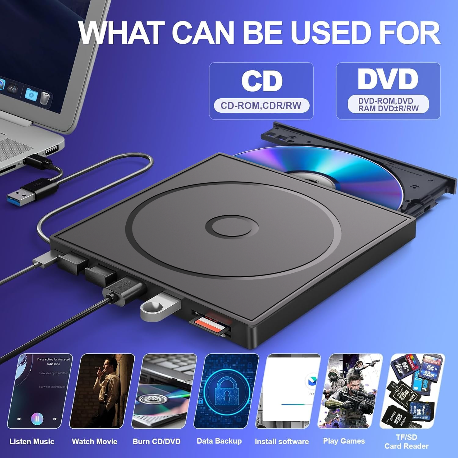 HEPLUBAN External CD/DVD Drive for Laptop, DVD Player for Laptop, 8 in 1 USB 3.0 Ultra-Slim Portable, CD Burner External Disk Drive Optical Compatible with Laptop Desktop Mac,Windows 11/10/8/7 Linux