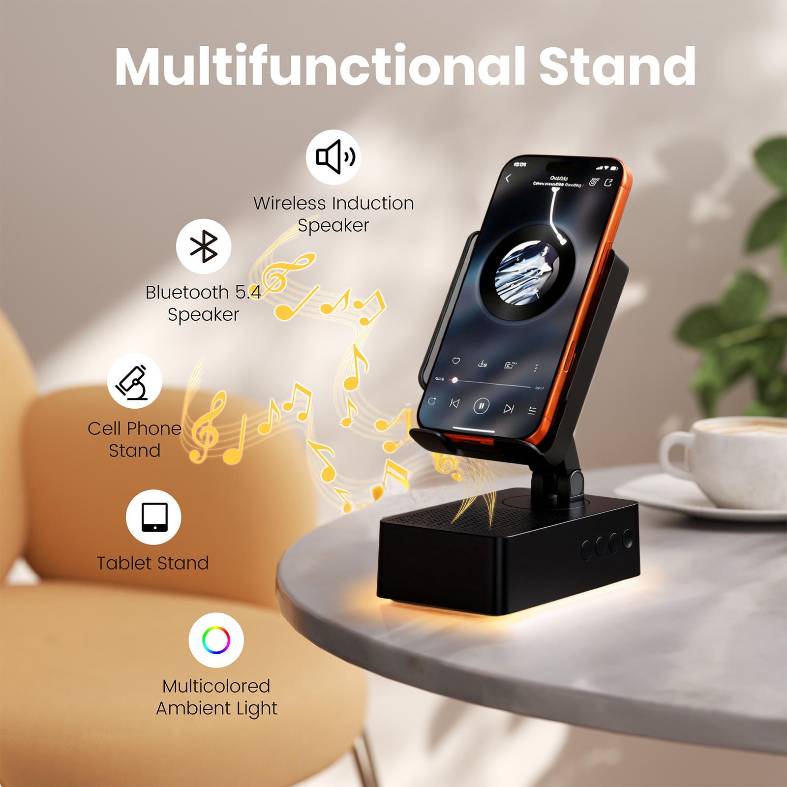 Wireless Induction Audio Bluetooth Speaker, Cell Phone Stand with Wireless Bluetooth Speaker, Unique Gifts for Men/Women, Adjustable Phone Holder with Colorful Ambient Light for iPhone/iPad