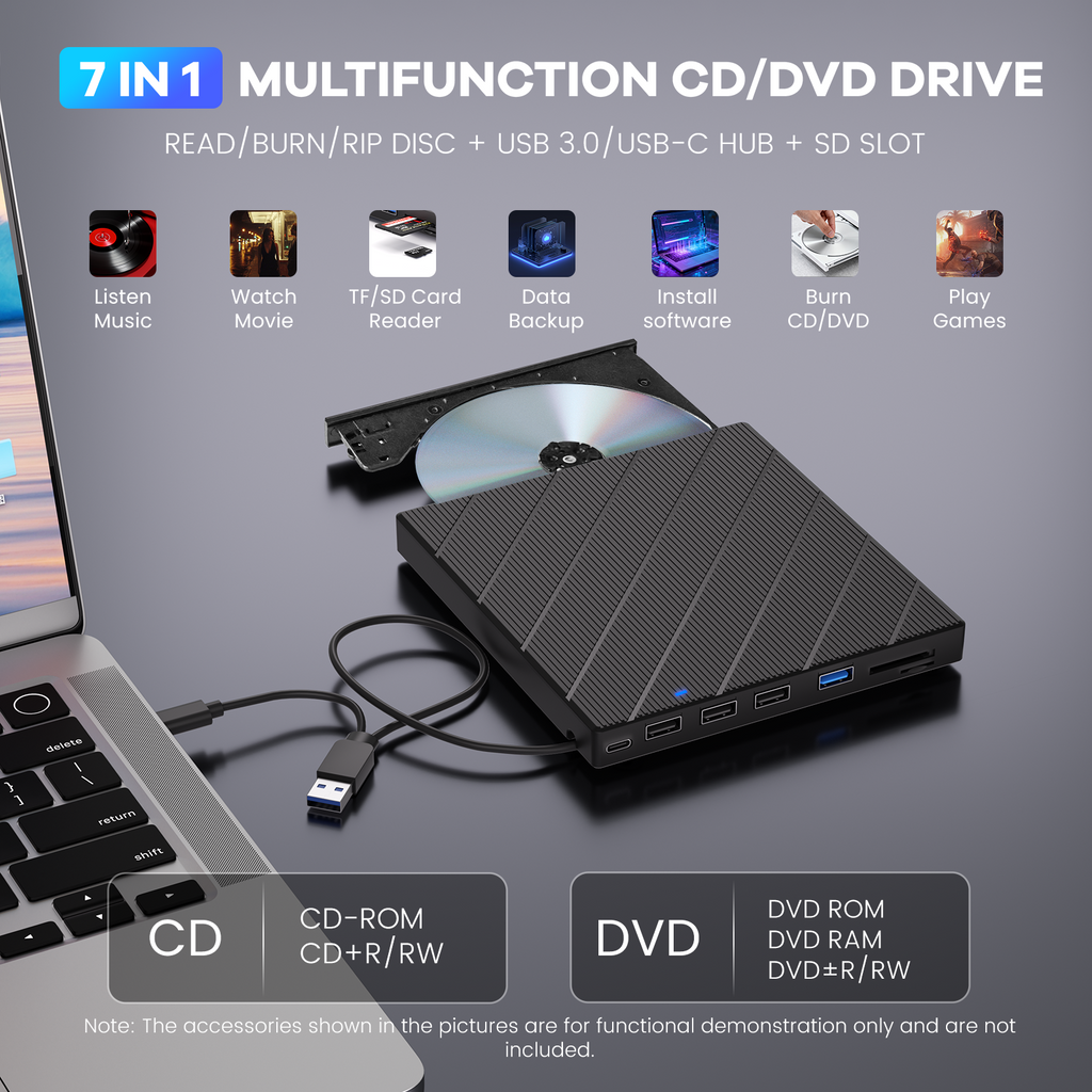 External CD/DVD Drive for Laptop, DVD Player with USB 3.0 Ultra-Slim Portable, CD Burner External Disk Drive Optical Compatible with Laptop Desktop Mac,Windows 11/10/8/7 Linux