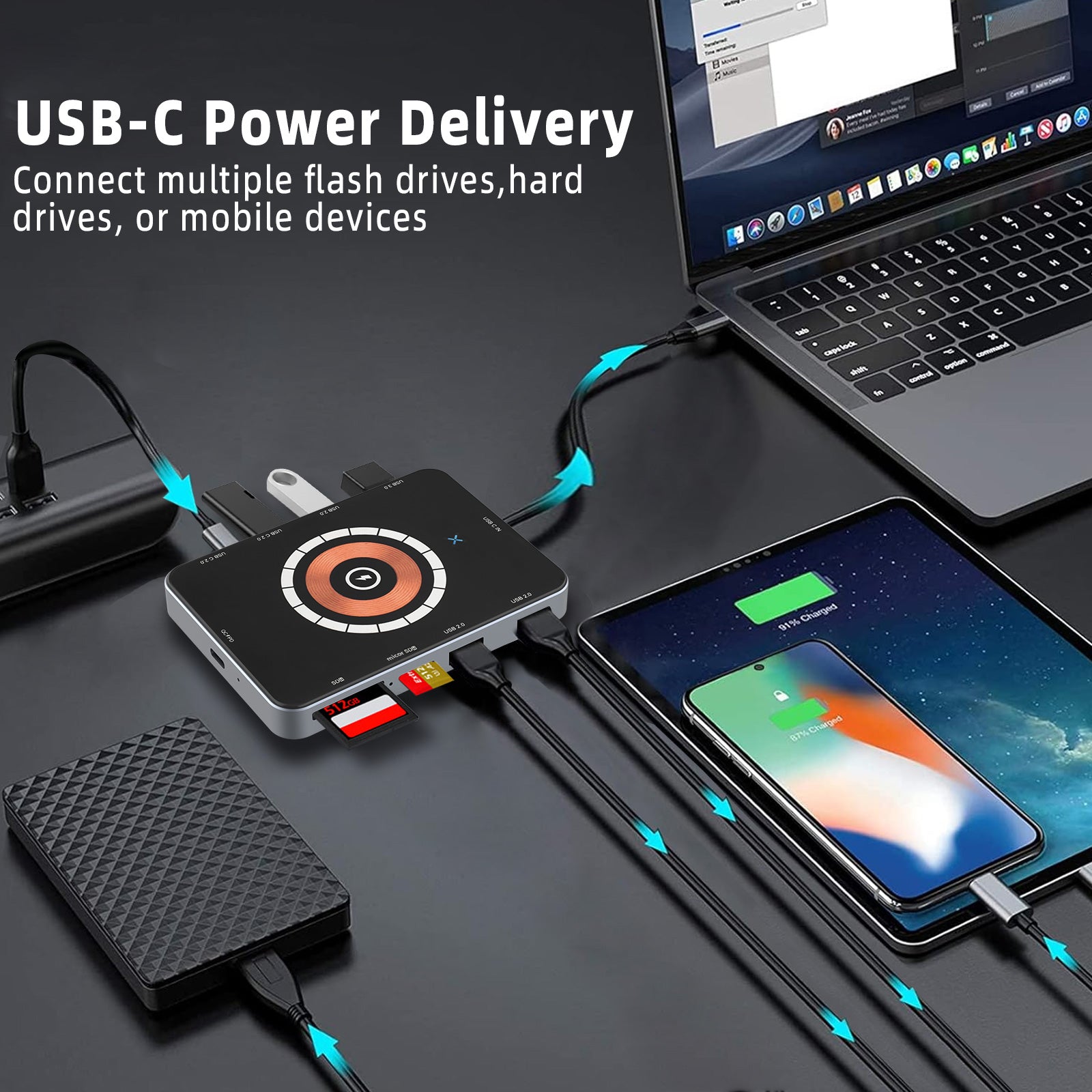Laptop USB C Docking Station, Magnetic Wirless Charger with USB C to HDMI Adapter USB C Hub 10 in 1 Laptop Docking Station with microSD Card Reader for Cellphone, Tablet, Laptop