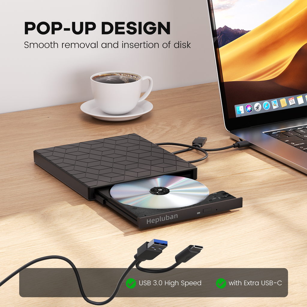 External CD/DVD Drive for Laptop, DVD Player for Laptop, 7 in 1 USB 3.0 Ultra-Slim Portable, CD Burner External Disk Drive Optical Compatible with Desktop Mac,Windows 11/10/8/7 Linux