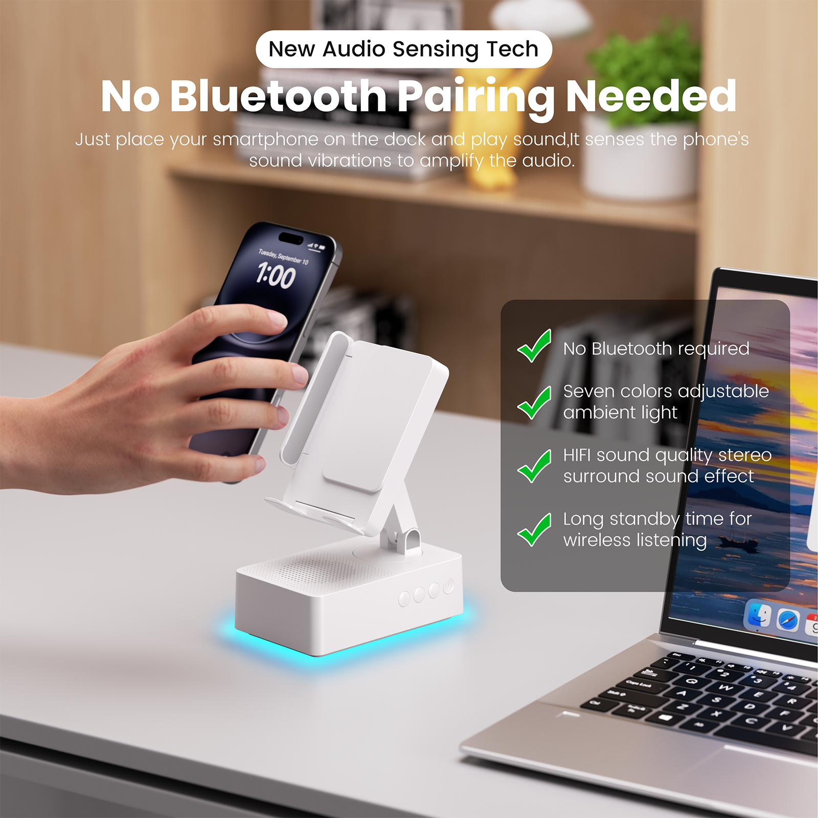 Wireless Induction Audio Bluetooth Speaker, Cell Phone Stand with Wireless Bluetooth Speaker, Unique Gifts for Men/Women, Adjustable Phone Holder with Colorful Ambient Light for iPhone/iPad