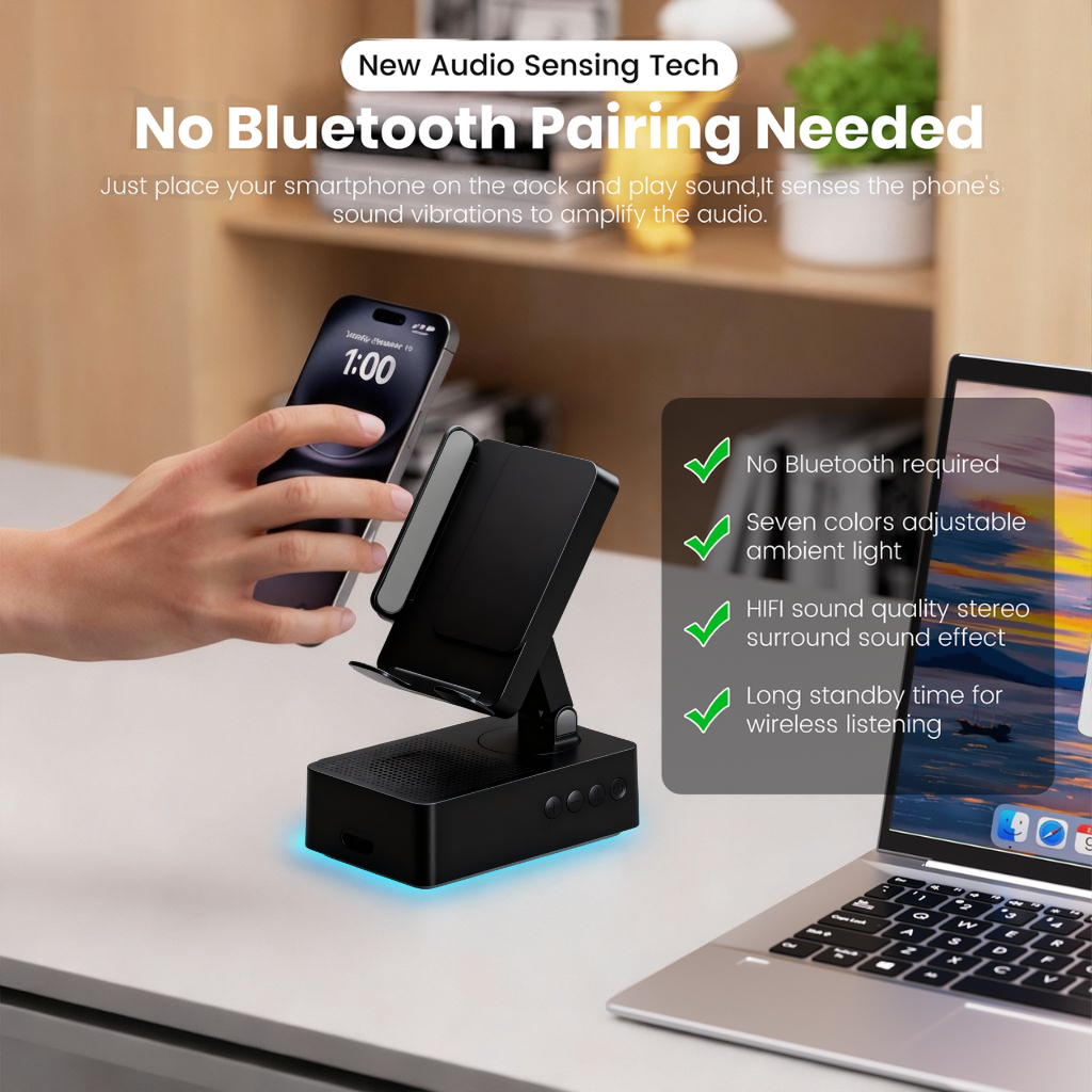 Wireless Induction Audio Bluetooth Speaker, Cell Phone Stand with Wireless Bluetooth Speaker, Unique Gifts for Men/Women, Adjustable Phone Holder with Colorful Ambient Light for iPhone/iPad