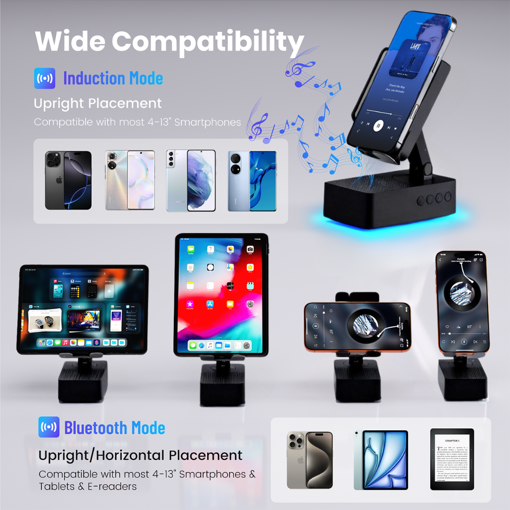 Wireless Induction Audio Bluetooth Speaker, Cell Phone Stand with Wireless Bluetooth Speaker, Unique Gifts for Men/Women, Adjustable Phone Holder with Colorful Ambient Light for iPhone/iPad