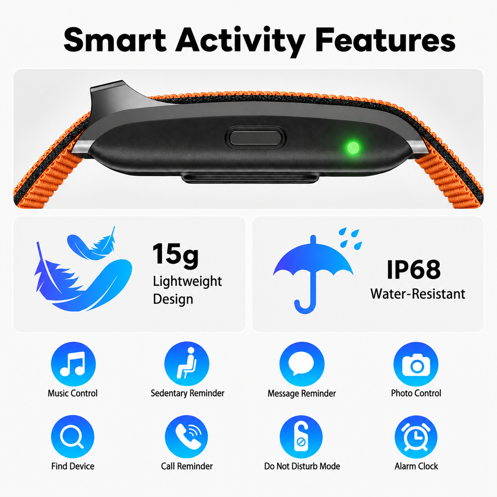 Smart Fitness Band, Lightweight Activity Tracker with Soft Nylon Strap, 120+ Sport Modes, Step Counter, Calorie & Active Time Tracking, Message Reminder, IP68 Water-Resistant, Android iOS Compatible