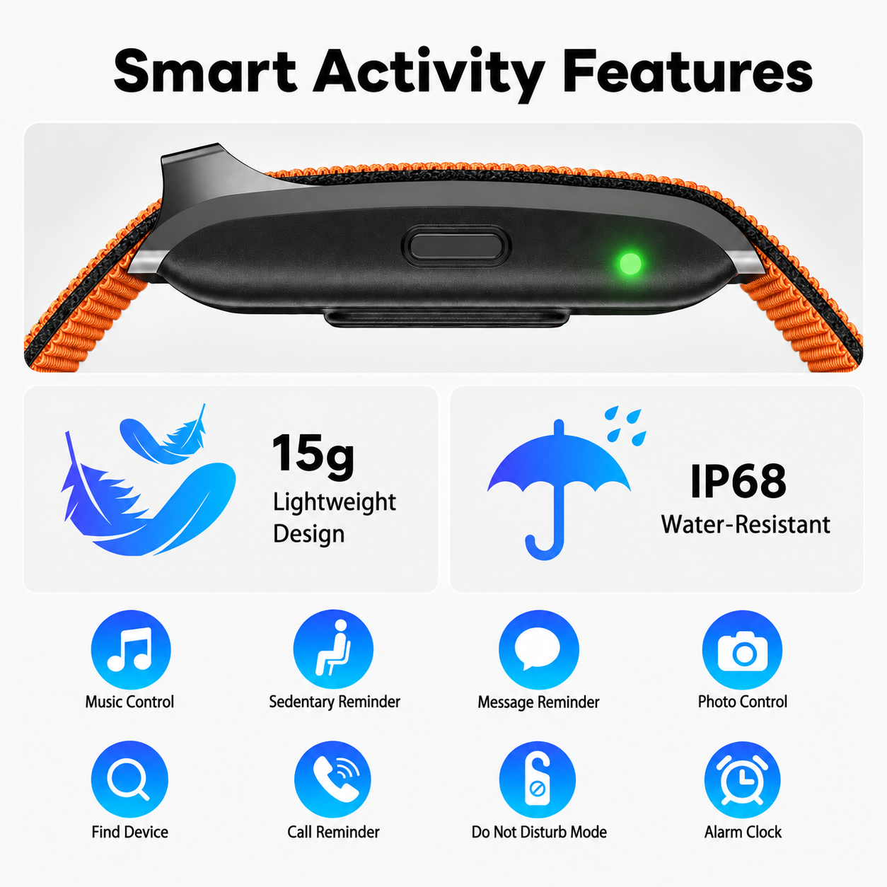 Smart Fitness Band, Lightweight Activity Tracker with Soft Nylon Strap, 120+ Sport Modes, Step Counter, Calorie & Active Time Tracking, Message Reminder, IP68 Water-Resistant, Android iOS Compatible