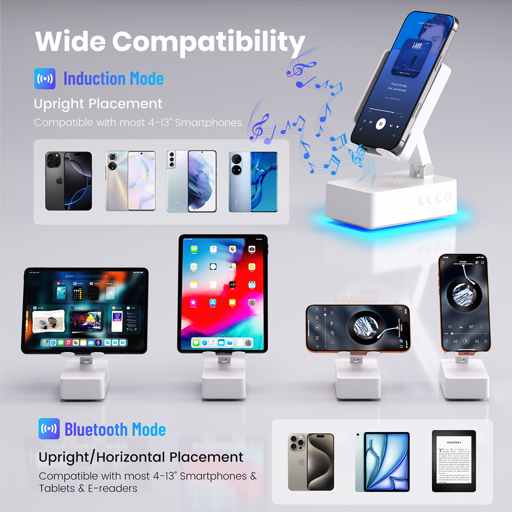 Wireless Induction Audio Bluetooth Speaker, Cell Phone Stand with Wireless Bluetooth Speaker, Unique Gifts for Men/Women, Adjustable Phone Holder with Colorful Ambient Light for iPhone/iPad