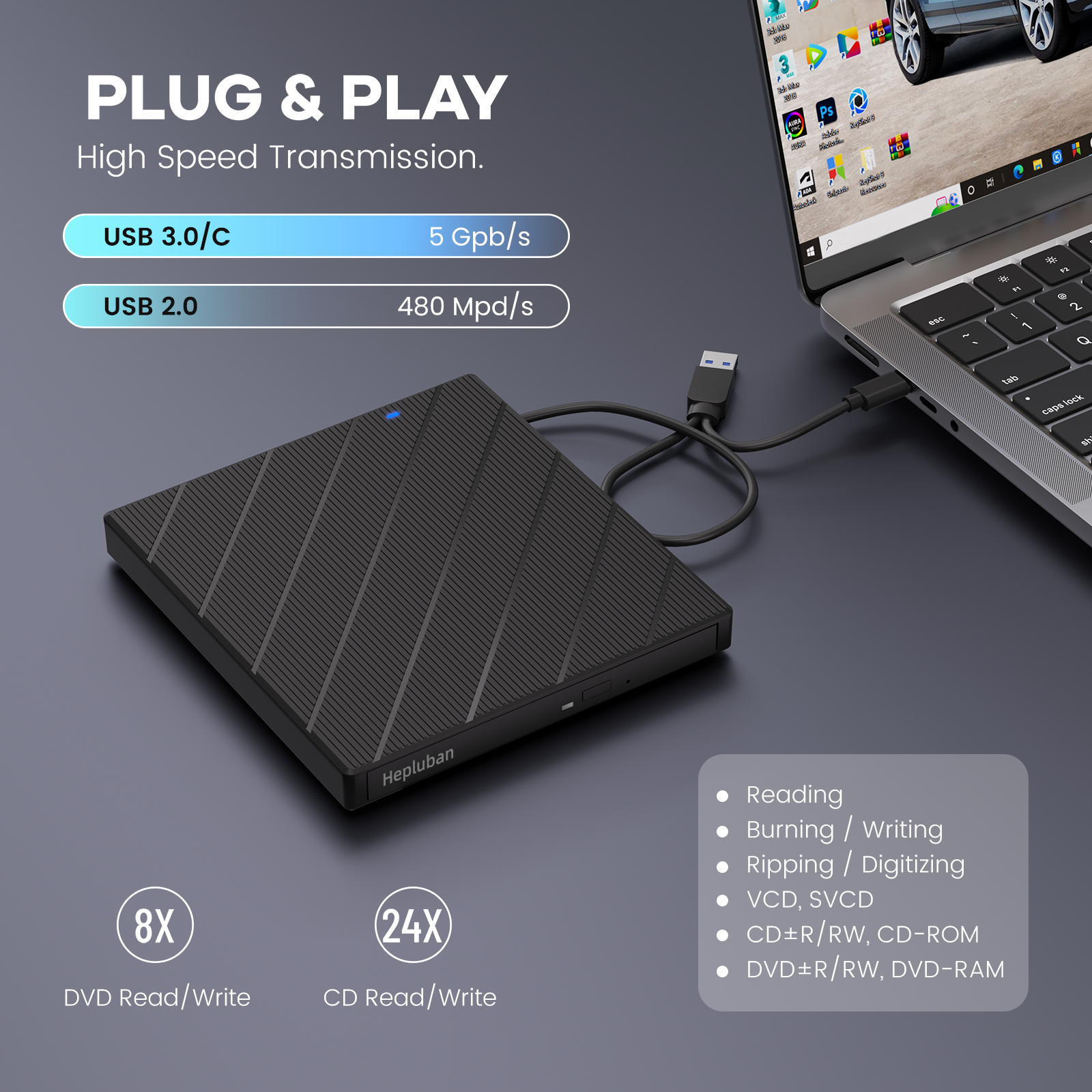 External CD/DVD Drive for Laptop, DVD Player with USB 3.0 Ultra-Slim Portable, CD Burner External Disk Drive Optical Compatible with Laptop Desktop Mac,Windows 11/10/8/7 Linux