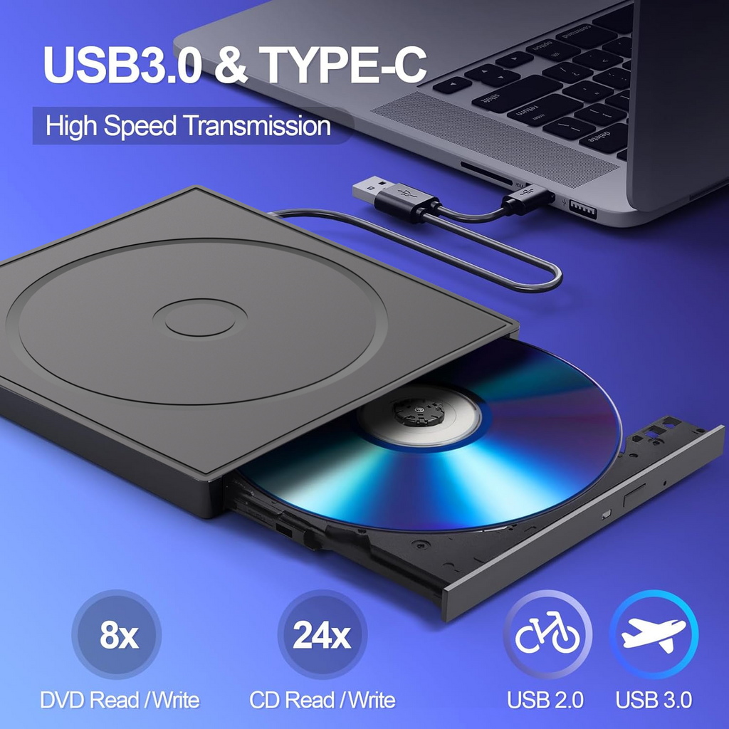 HEPLUBAN External CD/DVD Drive for Laptop, DVD Player for Laptop, 8 in 1 USB 3.0 Ultra-Slim Portable, CD Burner External Disk Drive Optical Compatible with Laptop Desktop Mac,Windows 11/10/8/7 Linux