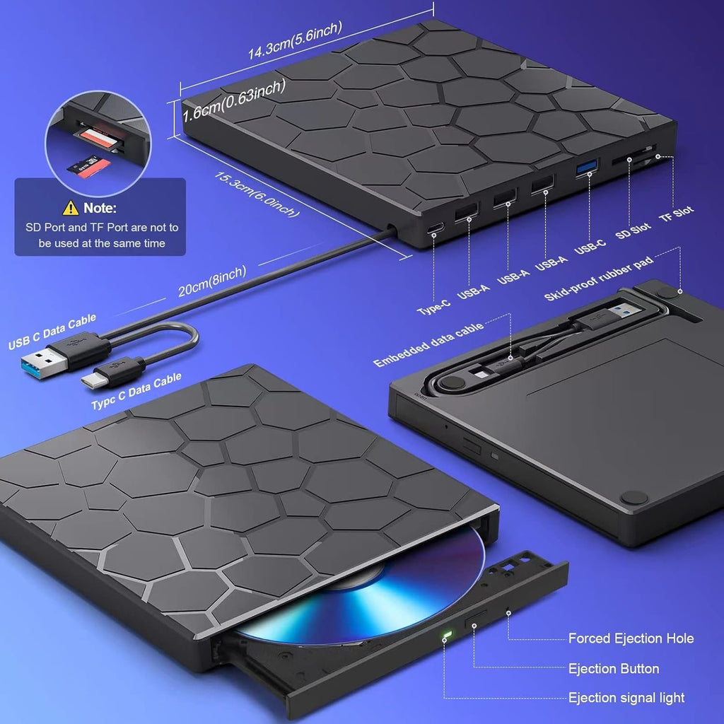 External CD/DVD Drive for Laptop, DVD Player for Laptop, 8 in 1 USB 3.0 Ultra-Slim Portable, CD Burner External Disk Drive Optical Compatible with Desktop Mac,Windows 11/10/8/7 Linux