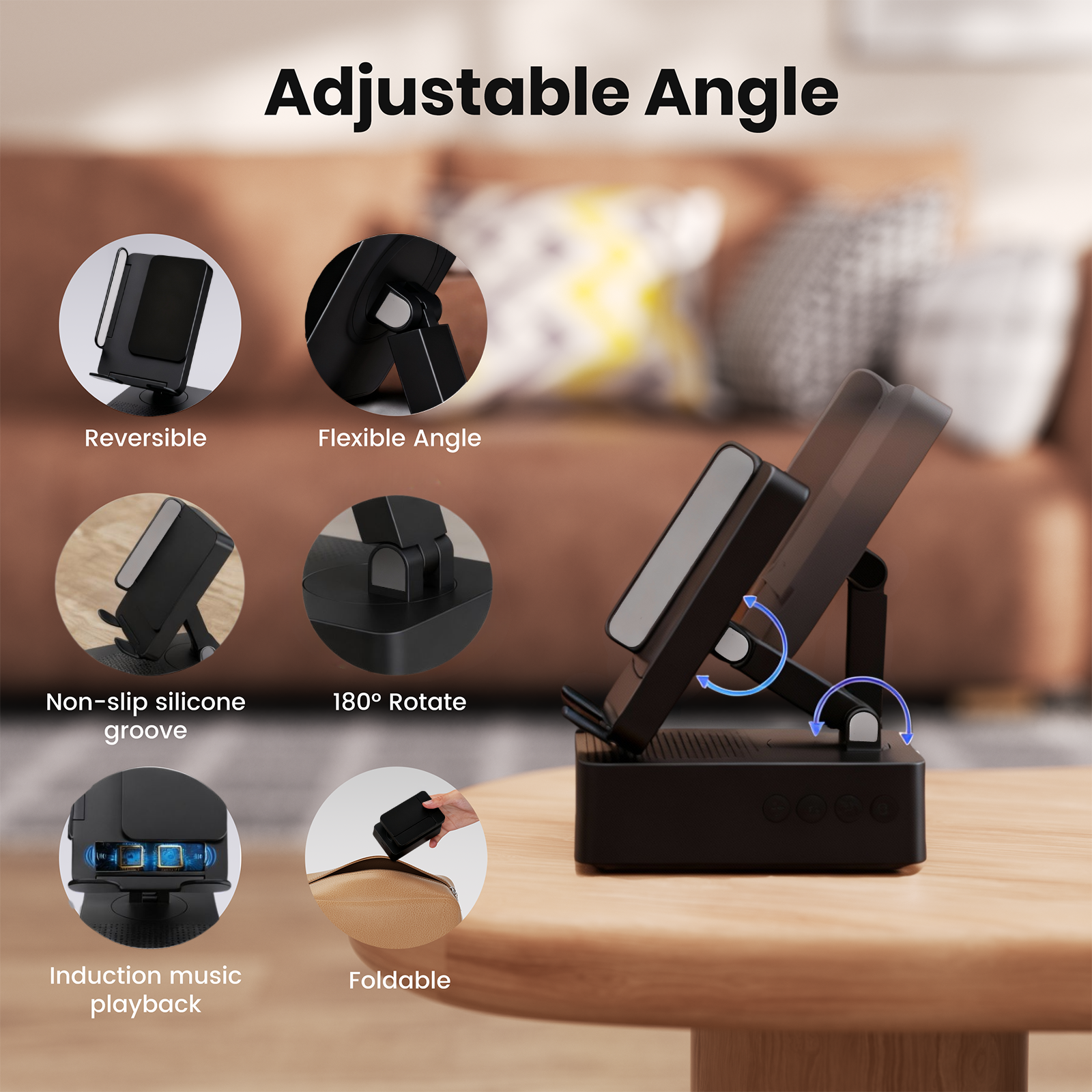 Wireless Induction Audio Bluetooth Speaker, Cell Phone Stand with Wireless Bluetooth Speaker, Unique Gifts for Men/Women, Adjustable Phone Holder with Colorful Ambient Light for iPhone/iPad