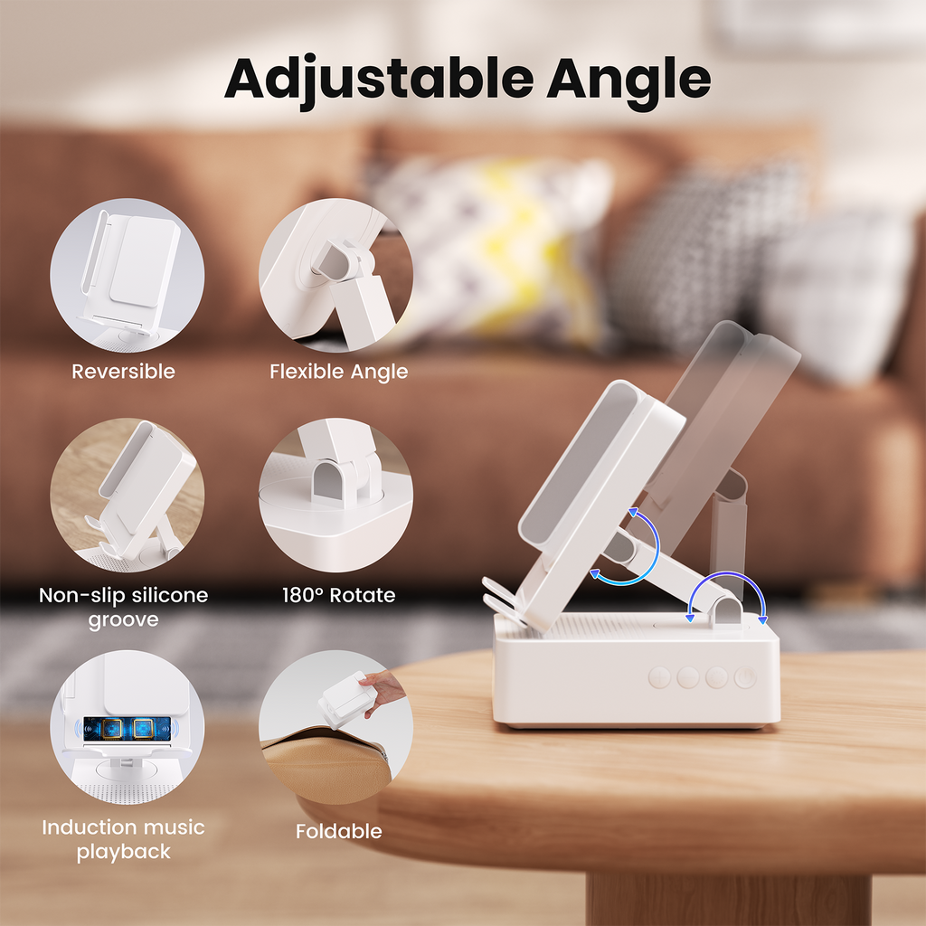 Wireless Induction Audio Bluetooth Speaker, Cell Phone Stand with Wireless Bluetooth Speaker, Unique Gifts for Men/Women, Adjustable Phone Holder with Colorful Ambient Light for iPhone/iPad