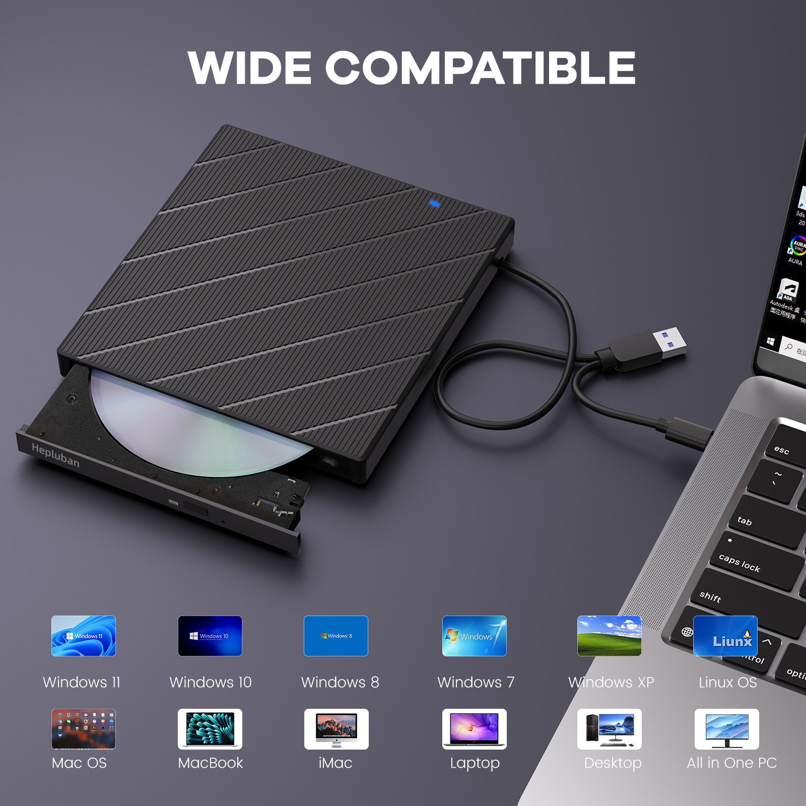 External CD/DVD Drive for Laptop, DVD Player with USB 3.0 Ultra-Slim Portable, CD Burner External Disk Drive Optical Compatible with Laptop Desktop Mac,Windows 11/10/8/7 Linux