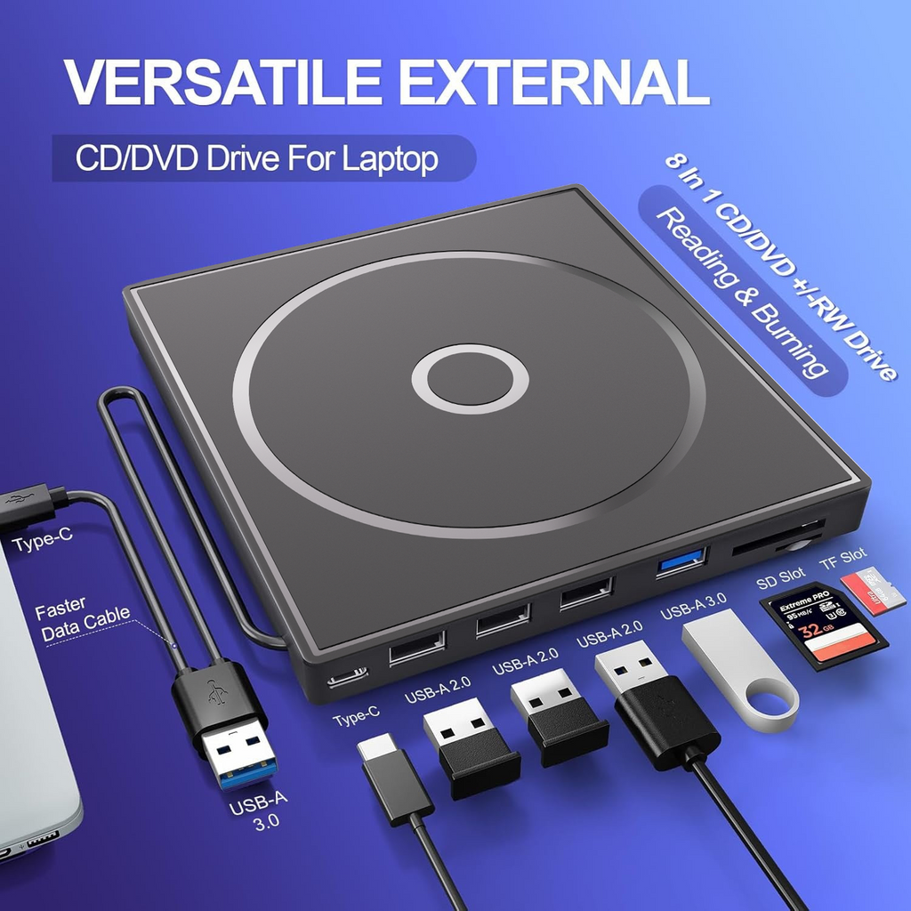HEPLUBAN External CD/DVD Drive for Laptop, DVD Player for Laptop, 8 in 1 USB 3.0 Ultra-Slim Portable, CD Burner External Disk Drive Optical Compatible with Laptop Desktop Mac,Windows 11/10/8/7 Linux