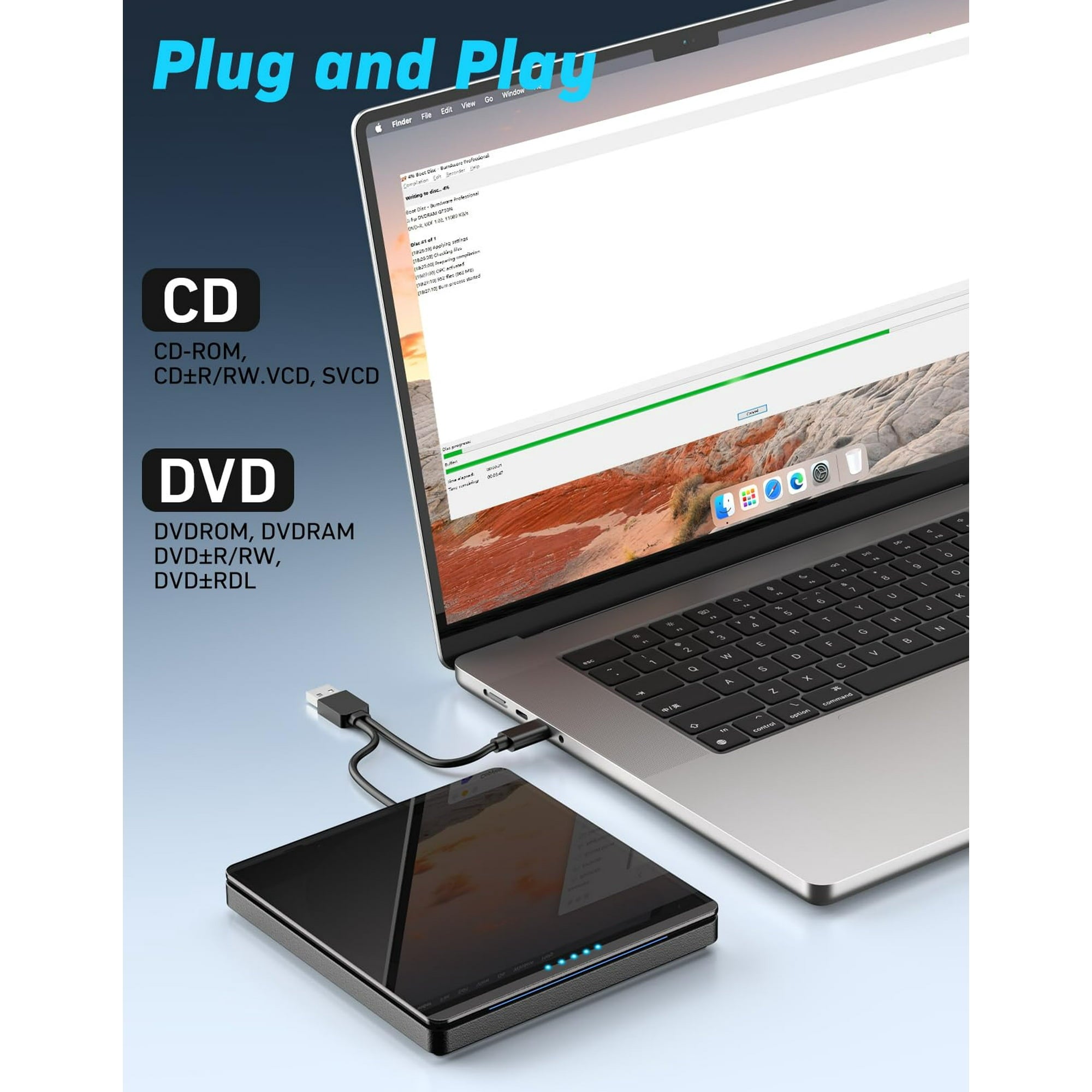 External CD/DVD Drive for Laptop,CD Burner Clamshell Portable Reader Writer Optical Disk Drive, DVD Player for Laptop +/-RW USB 3.0,External DVD Drive for PC Windows Linux Mac