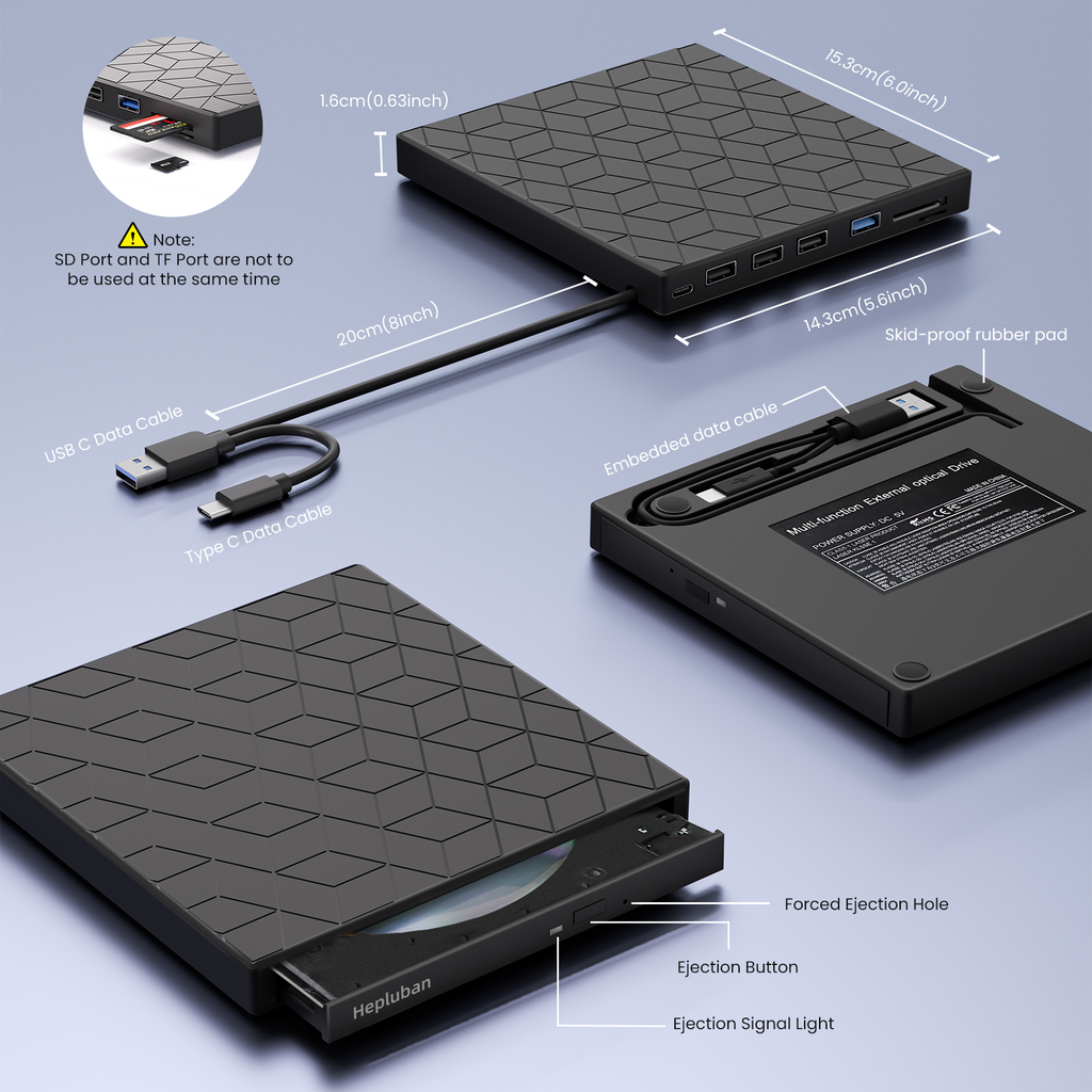 External CD/DVD Drive for Laptop, DVD Player for Laptop, 7 in 1 USB 3.0 Ultra-Slim Portable, CD Burner External Disk Drive Optical Compatible with Desktop Mac,Windows 11/10/8/7 Linux