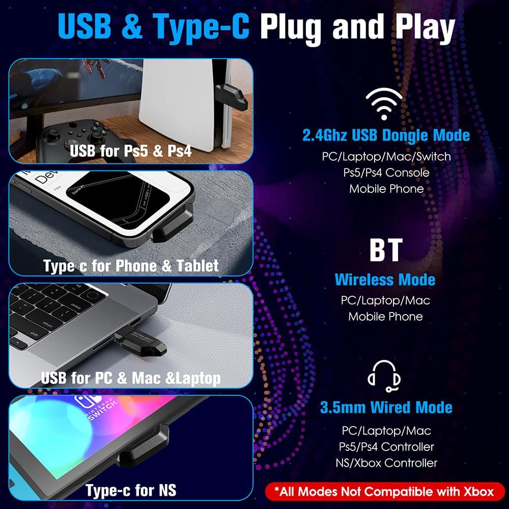 2.4GHz Wireless Gaming Headset for PC, Ps5, Ps4, Switch, Laptop, Mobile, Mac. Type-C Ultra Stable Bluetooth 5.3 Gaming Headphones with Noise Canceling Mic, 7.1 Surround Sound, Stereo Sound, RGB Light