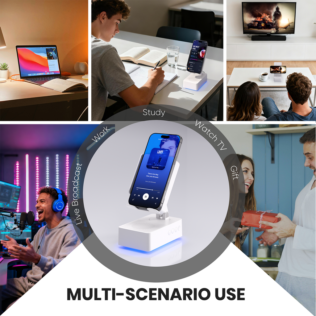 Wireless Induction Audio Bluetooth Speaker, Cell Phone Stand with Wireless Bluetooth Speaker, Unique Gifts for Men/Women, Adjustable Phone Holder with Colorful Ambient Light for iPhone/iPad