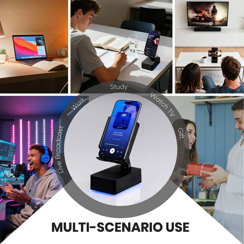 Wireless Induction Audio Bluetooth Speaker, Cell Phone Stand with Wireless Bluetooth Speaker, Unique Gifts for Men/Women, Adjustable Phone Holder with Colorful Ambient Light for iPhone/iPad