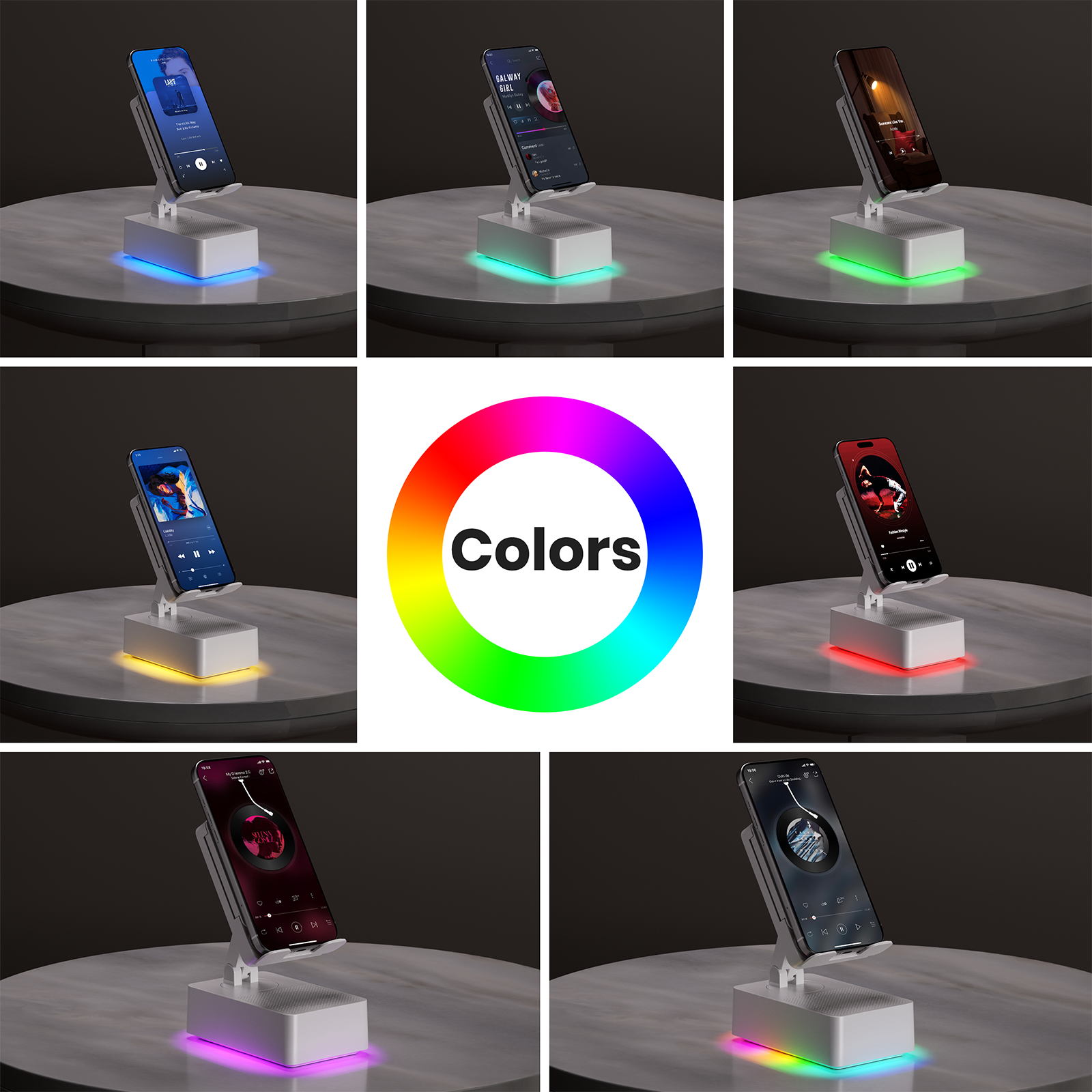 Wireless Induction Audio Bluetooth Speaker, Cell Phone Stand with Wireless Bluetooth Speaker, Unique Gifts for Men/Women, Adjustable Phone Holder with Colorful Ambient Light for iPhone/iPad