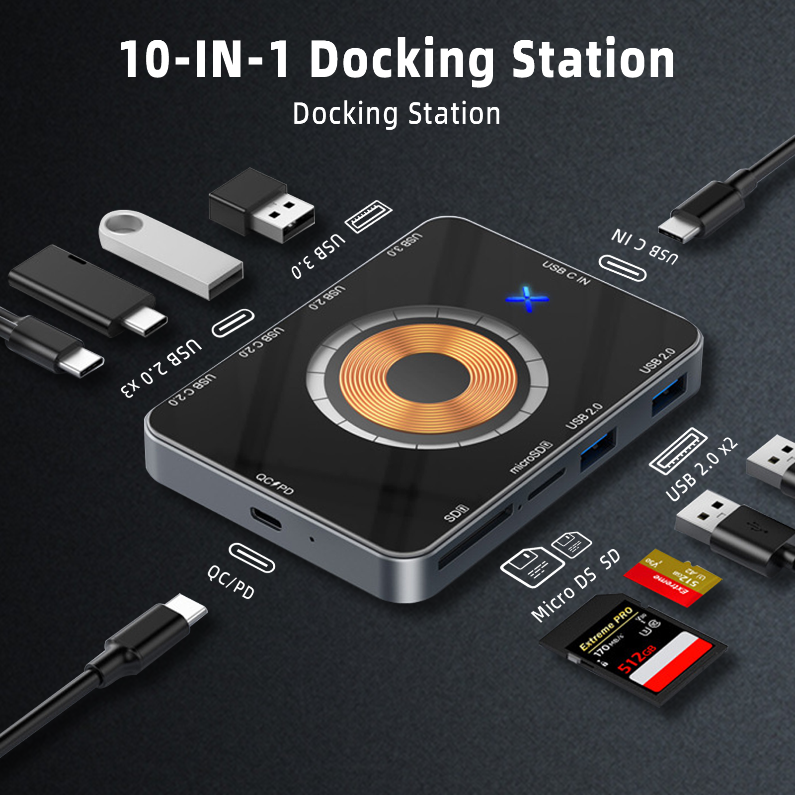 Laptop USB C Docking Station, Magnetic Wirless Charger with USB C to HDMI Adapter USB C Hub 10 in 1 Laptop Docking Station with microSD Card Reader for Cellphone, Tablet, Laptop