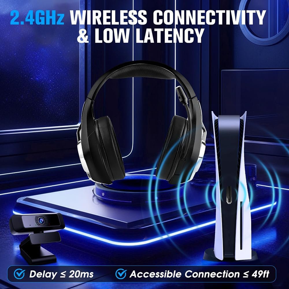 2.4GHz Wireless Gaming Headset for PC, Ps5, Ps4, Switch, Laptop, Mobile, Mac. Type-C Ultra Stable Bluetooth 5.3 Gaming Headphones with Noise Canceling Mic, 7.1 Surround Sound, Stereo Sound, RGB Light