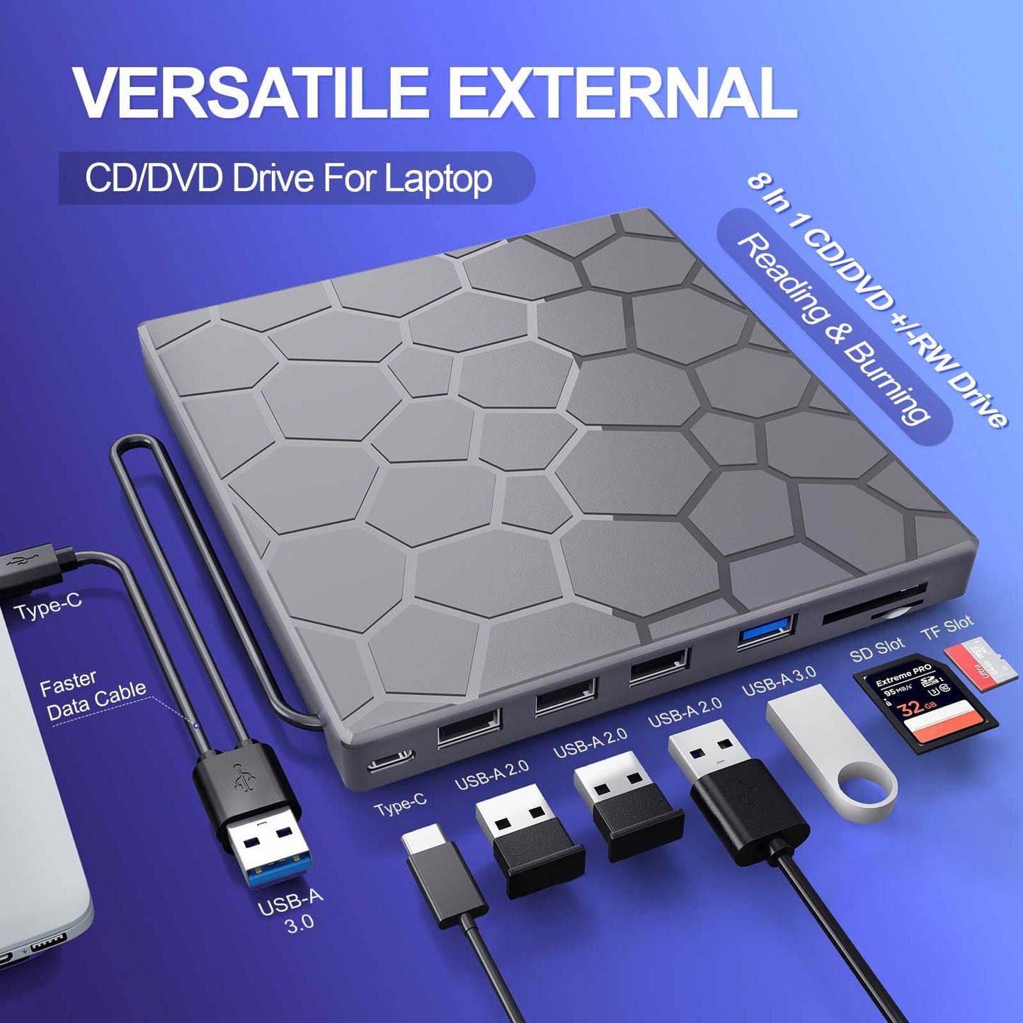 External CD/DVD Drive for Laptop, DVD Player for Laptop, 8 in 1 USB 3.0 Ultra-Slim Portable, CD Burner External Disk Drive Optical Compatible with Desktop Mac,Windows 11/10/8/7 Linux