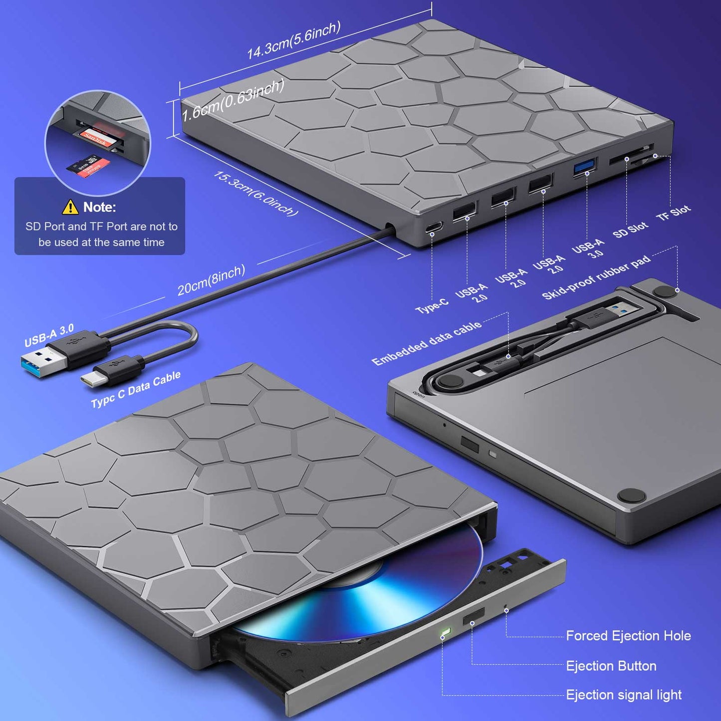 External CD/DVD Drive for Laptop, DVD Player for Laptop, 8 in 1 USB 3.0 Ultra-Slim Portable, CD Burner External Disk Drive Optical Compatible with Desktop Mac,Windows 11/10/8/7 Linux