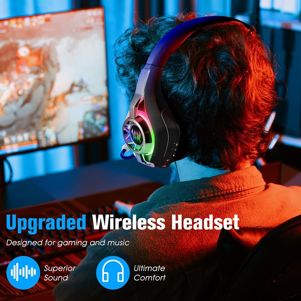 2.4GHz Wireless Gaming Headset for PC, Ps5, Ps4, Switch, Laptop, Mobile, Mac. Type-C Ultra Stable Bluetooth 5.3 Gaming Headphones with Noise Canceling Mic, 7.1 Surround Sound, Stereo Sound, RGB Light