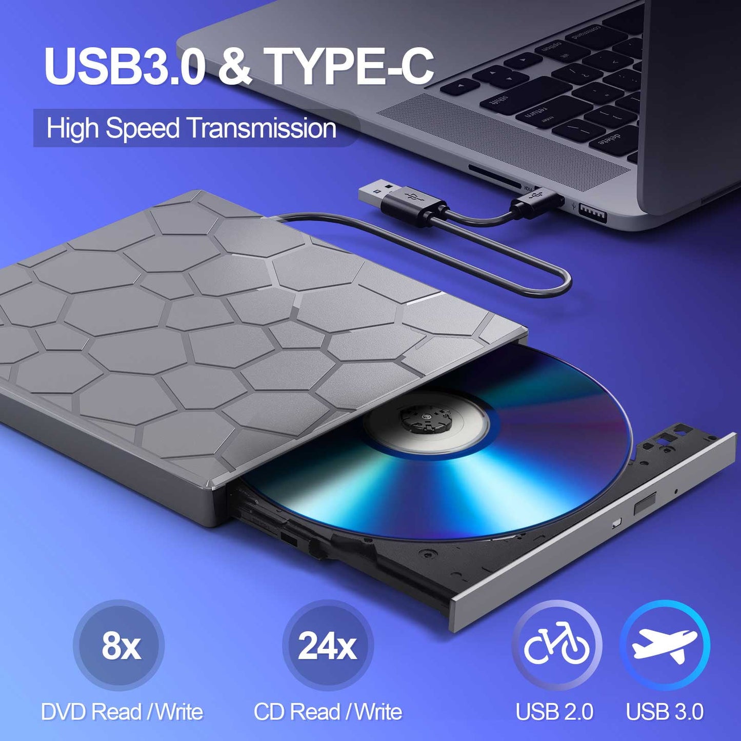 External CD/DVD Drive for Laptop, DVD Player for Laptop, 8 in 1 USB 3.0 Ultra-Slim Portable, CD Burner External Disk Drive Optical Compatible with Desktop Mac,Windows 11/10/8/7 Linux