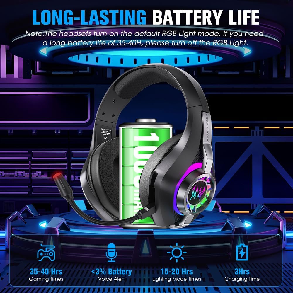 2.4GHz Wireless Gaming Headset for PC, Ps5, Ps4, Switch, Laptop, Mobile, Mac. Type-C Ultra Stable Bluetooth 5.3 Gaming Headphones with Noise Canceling Mic, 7.1 Surround Sound, Stereo Sound, RGB Light